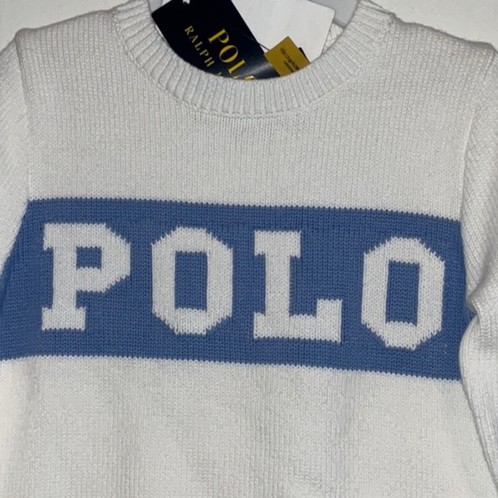 Polo Ralph Lauren Toddler Crew Neck White Blue Band Sweater 100% Cotton 2T NWT
